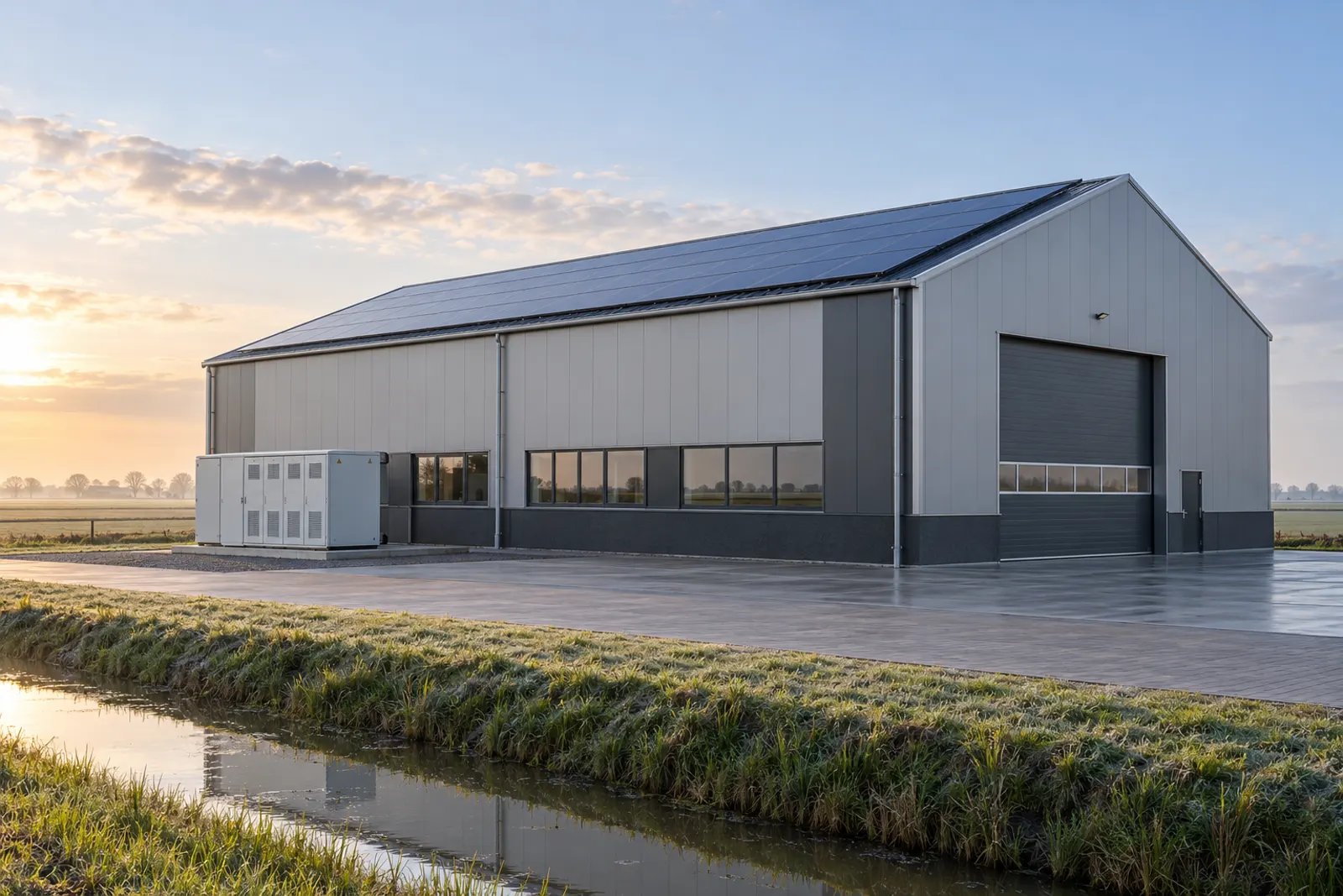 Bedrijfshal met zonnepanelen in een Fries polderlandschap, met een grijze batterijkast naast de gevel