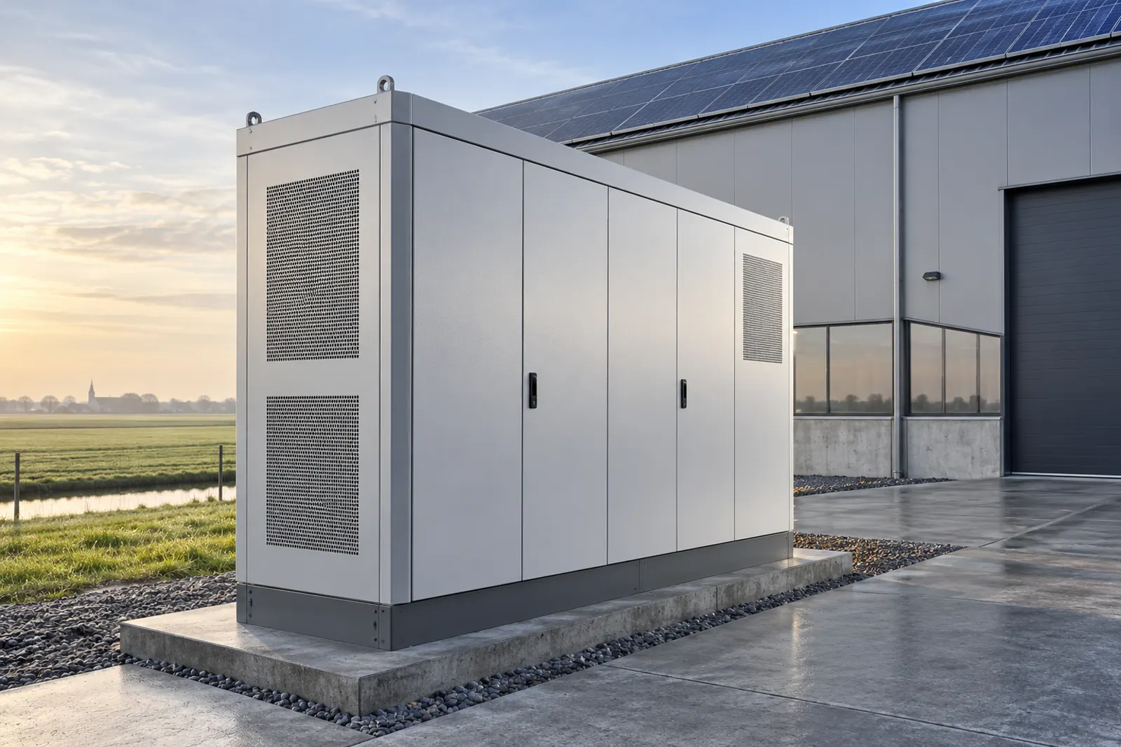 Close-up van een lichtgrijze industriële batterijkast op een betonnen poer naast een bedrijfshal